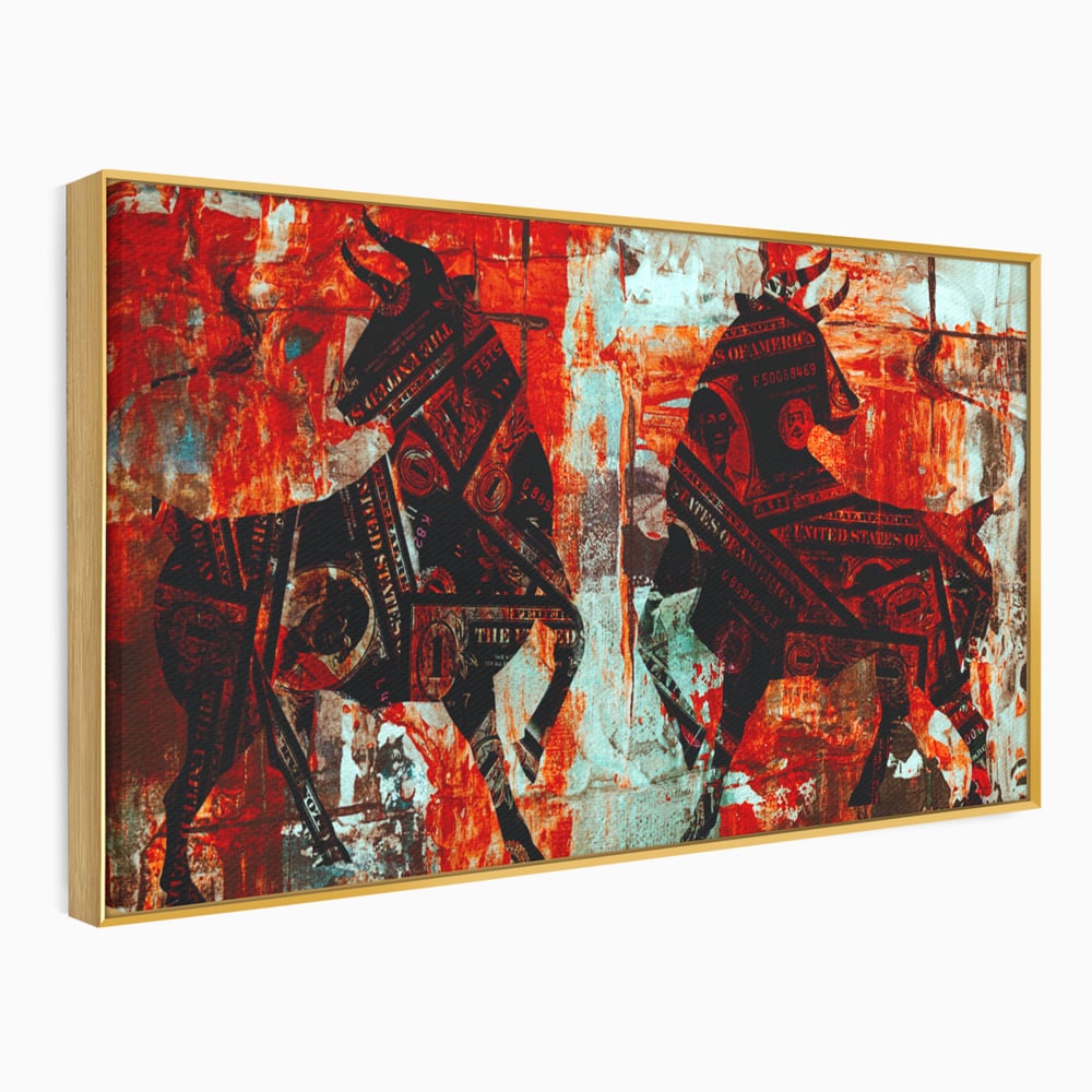 Tablou canvas cu tablou canvas cu tauri din bancnote, in rama de aluminiu auriu